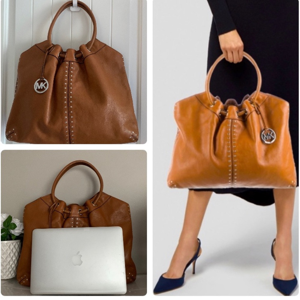 Michael Kors Astor Large Leather Studded Ring Cognac Tan Bag